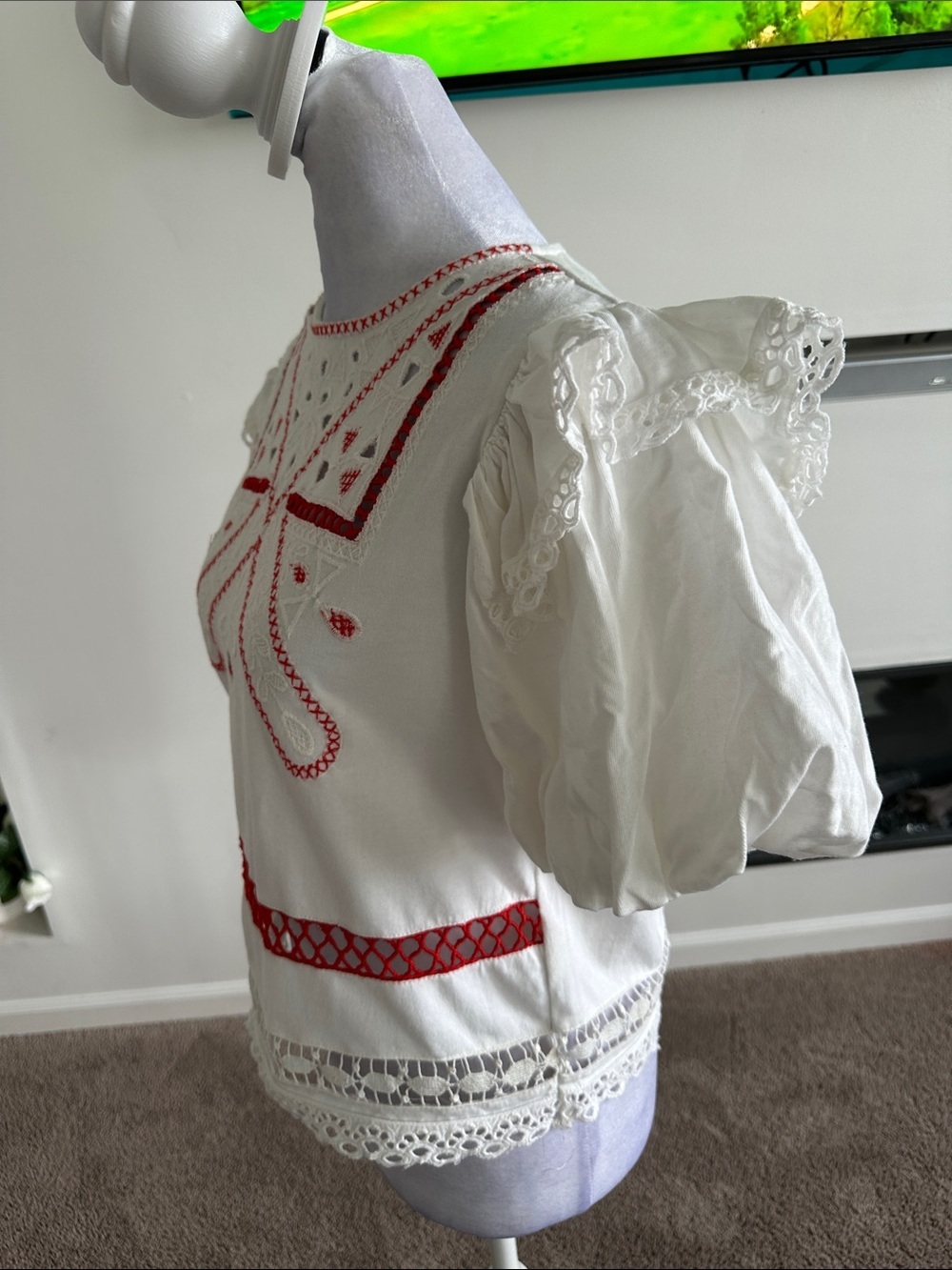 Anthropologie White Eyelet Blouse with Red Embroidery - Picture 4 of 10